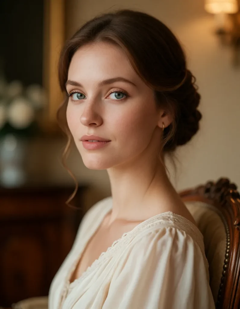 Jeune femme aux cheveux bruns bouclés, vêtue d'une robe en soie ivoire à manches longues, assise dans un salon vintage aux