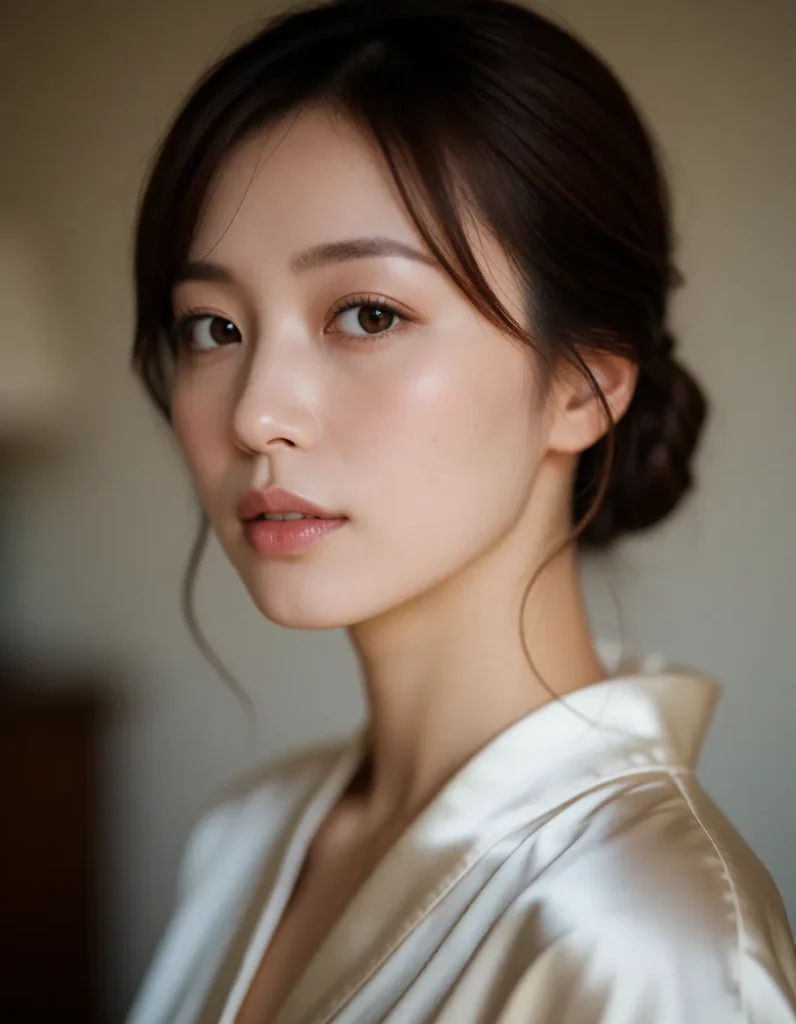 Jeune femme asiatique aux cheveux noirs lissés, vêtue d'une robe en soie blanche, visage éclairé par une lumière douce et