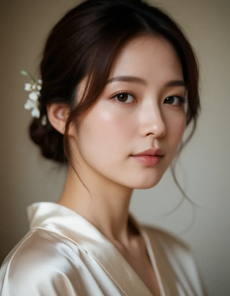 Jeune femme asiatique aux cheveux noirs lissés, vêtue d'une robe en soie blanche, éclairée par une lumière douce et