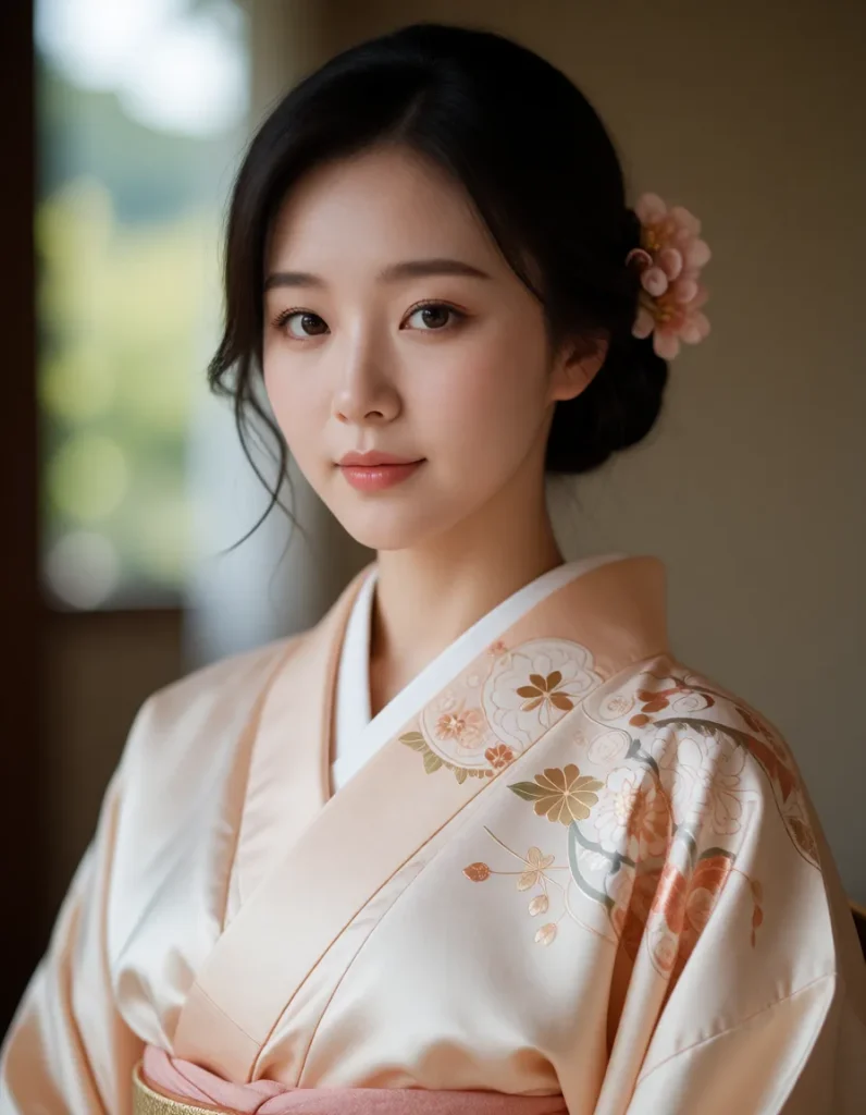Portrait en gros plan d'une personne en kimono blanc brodé de motifs floraux dorés, cheveux noirs lissés, lumière douce sur