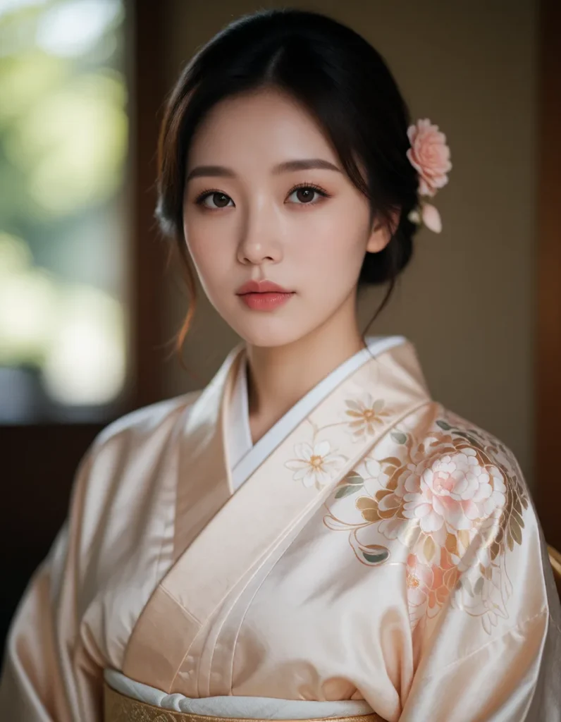 Portrait en gros plan d'une personne en kimono blanc brodé de motifs floraux dorés, coiffée d'un chignon bas, lumière douce