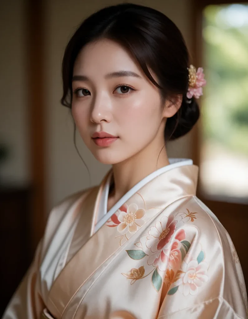 Portrait d'une personne en kimono blanc brodé de motifs floraux colorés, coiffée d'un chignon orné de fleurs roses, lumière