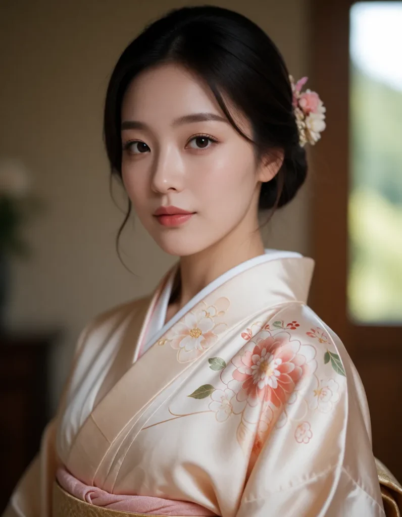 Portrait en gros plan d'une personne en kimono blanc brodé de motifs floraux rouges et dorés, coiffée d'une fleur dans les