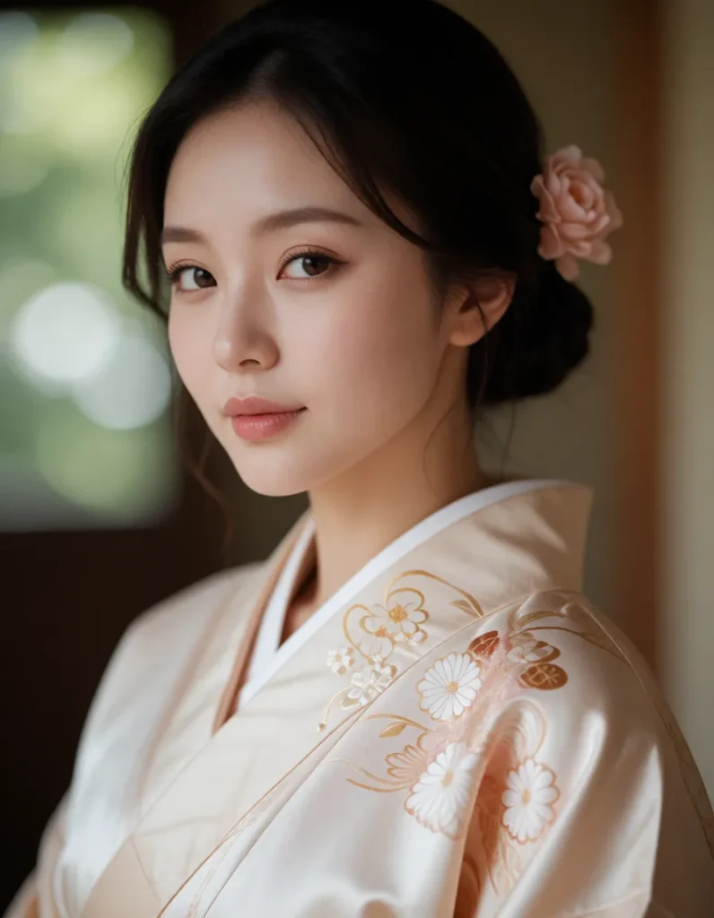 Portrait en gros plan d'un visage aux traits asiatiques, vêtu d'un kimono blanc brodé de motifs floraux dorés, lumière douce