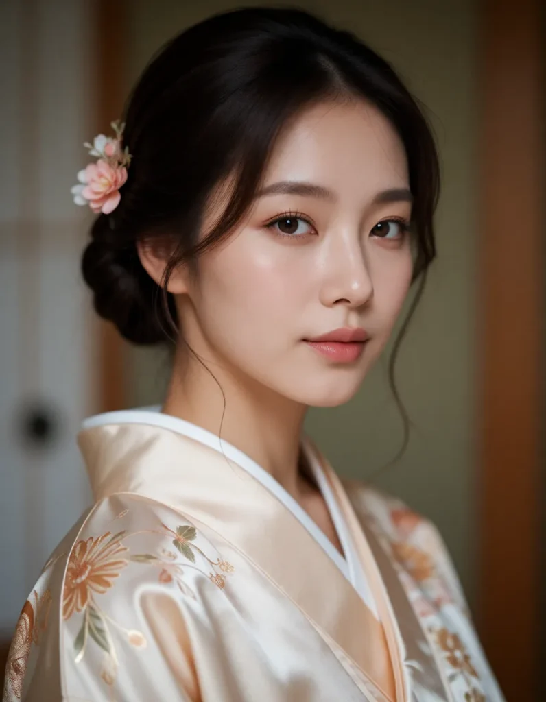 Jeune femme aux cheveux noirs lissés, coiffée d'une fleur rose pâle, vêtue d'un kimono blanc brodé de motifs dorés et verts