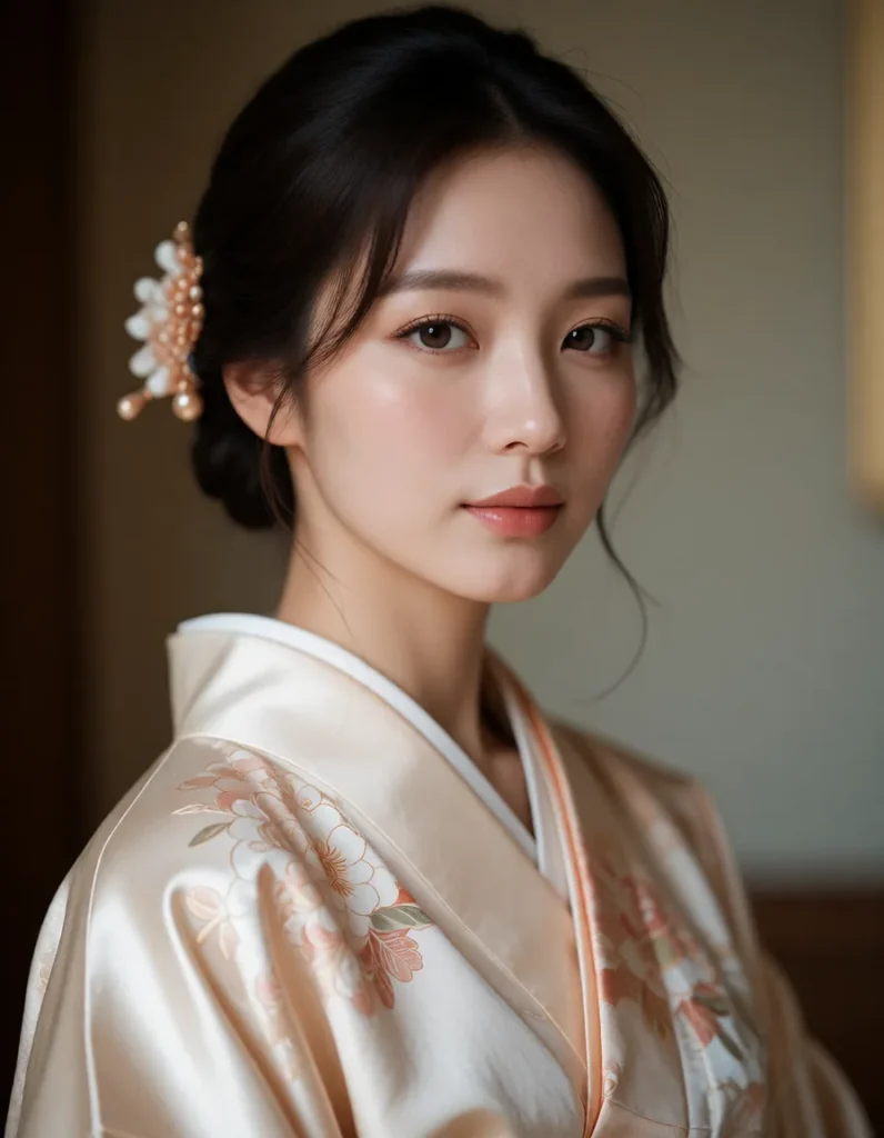 Portrait en gros plan d'une personne aux cheveux noirs lissés, vêtue d'un kimono blanc brodé de motifs floraux dorés, col