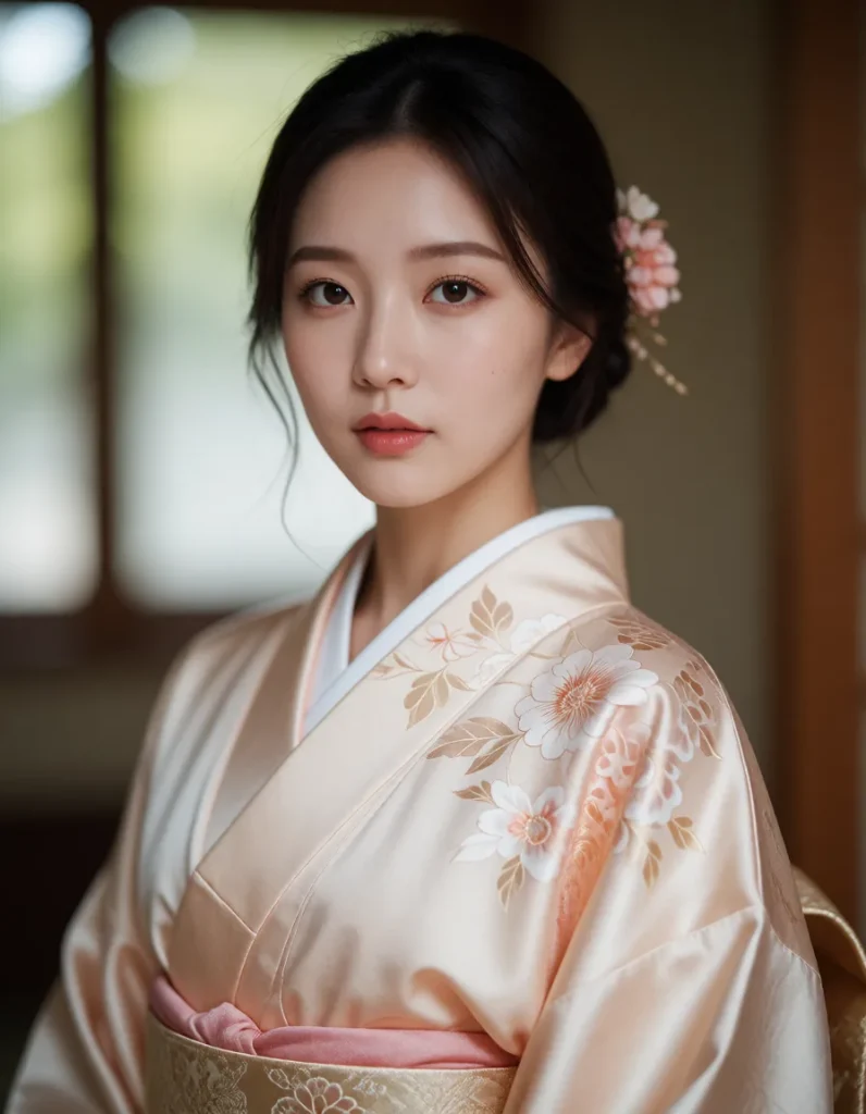Femme en kimono blanc brodé de motifs floraux dorés, ceinture rose pâle, mains jointes devant elle, fond flou vert pâle