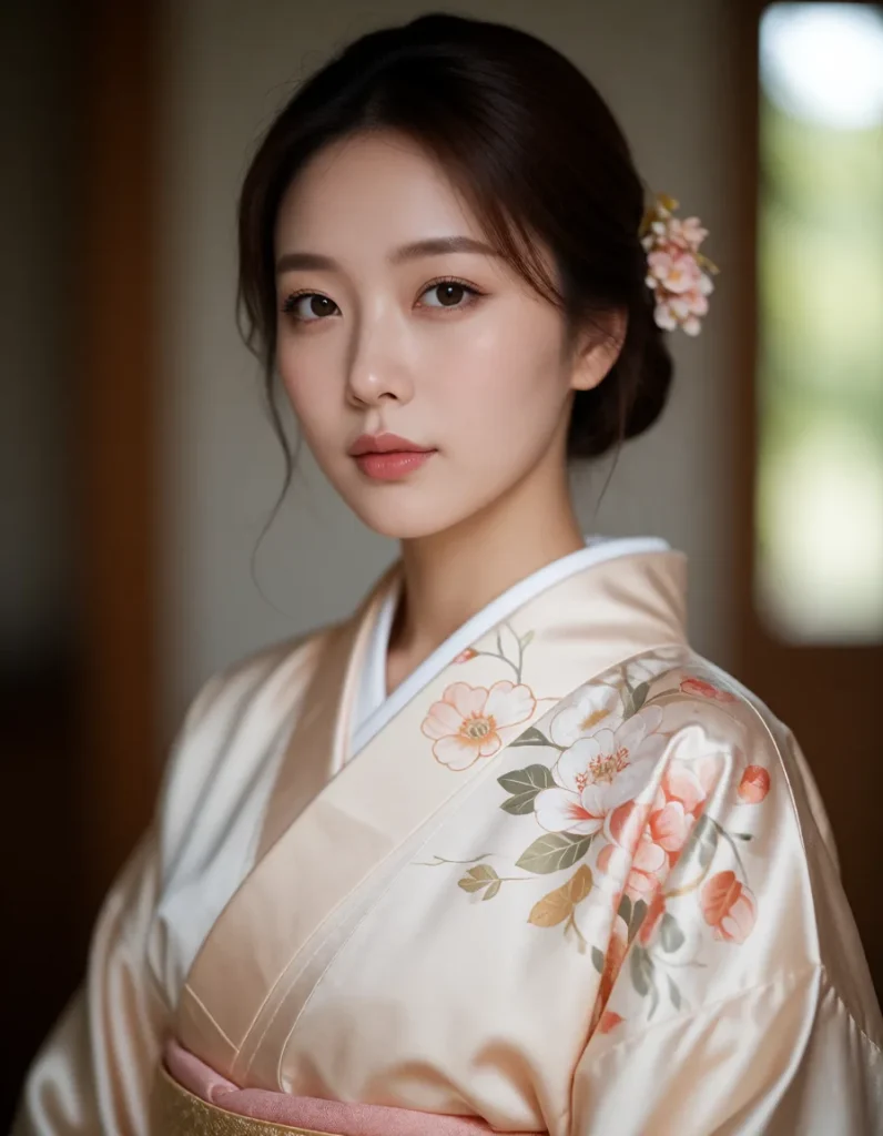 Portrait en gros plan d'une personne vêtue d'un kimono blanc brodé de motifs floraux rouges et verts, col asymétrique et