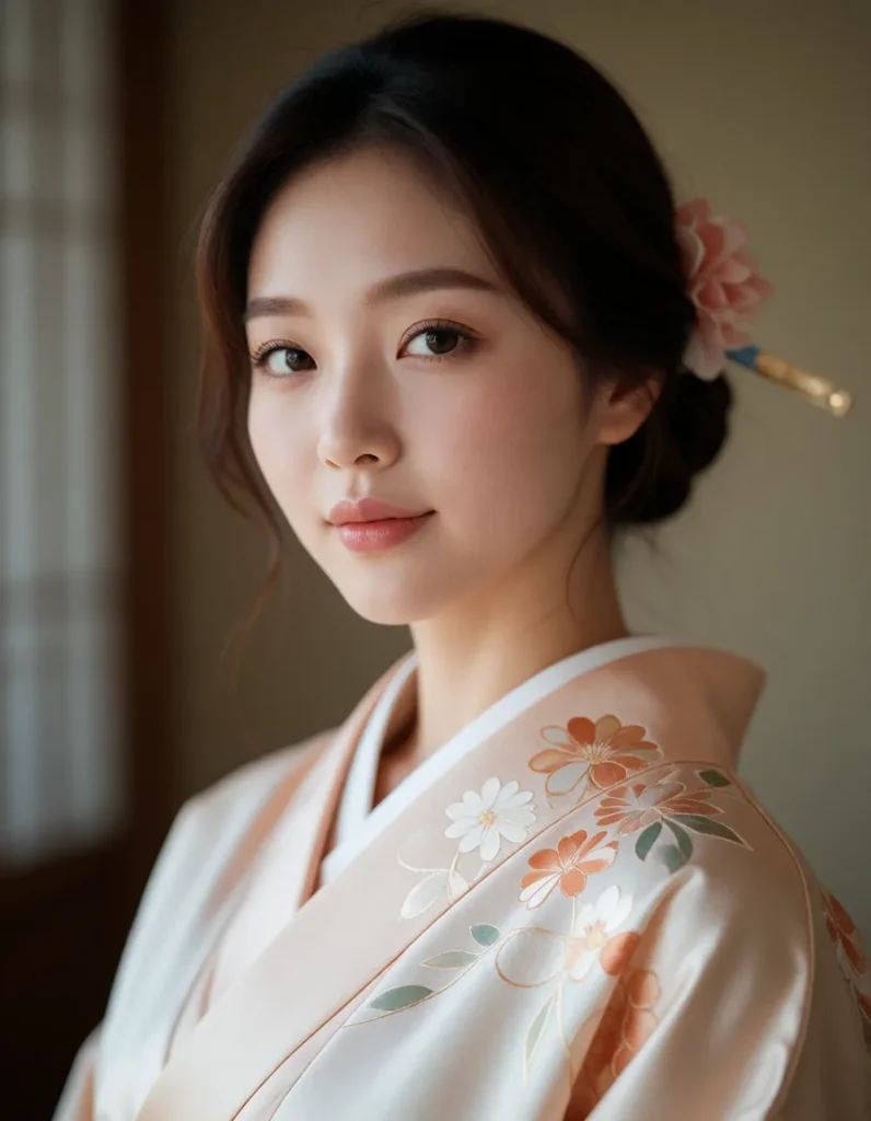 Portrait en gros plan d'une personne vêtue d'un kimono blanc brodé de motifs floraux orange et verts, cheveux noirs lissés