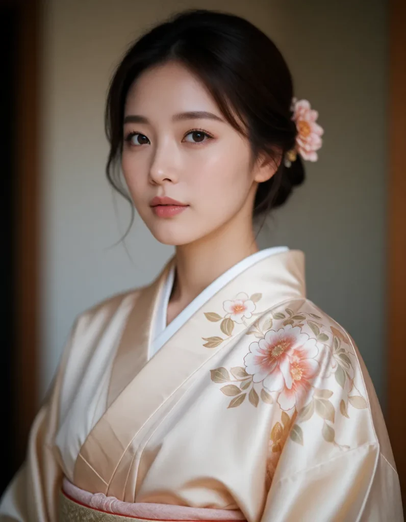 Portrait en gros plan d'une personne vêtue d'un kimono blanc brodé de motifs floraux rouge et or, coiffée d'une