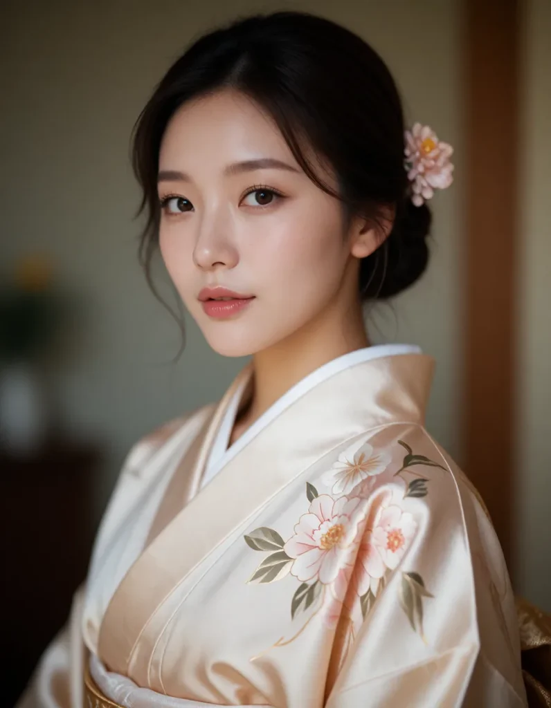 Portrait en gros plan d'une personne en kimono blanc brodé de motifs floraux roses, cheveux noirs lissés, fond flou vert et