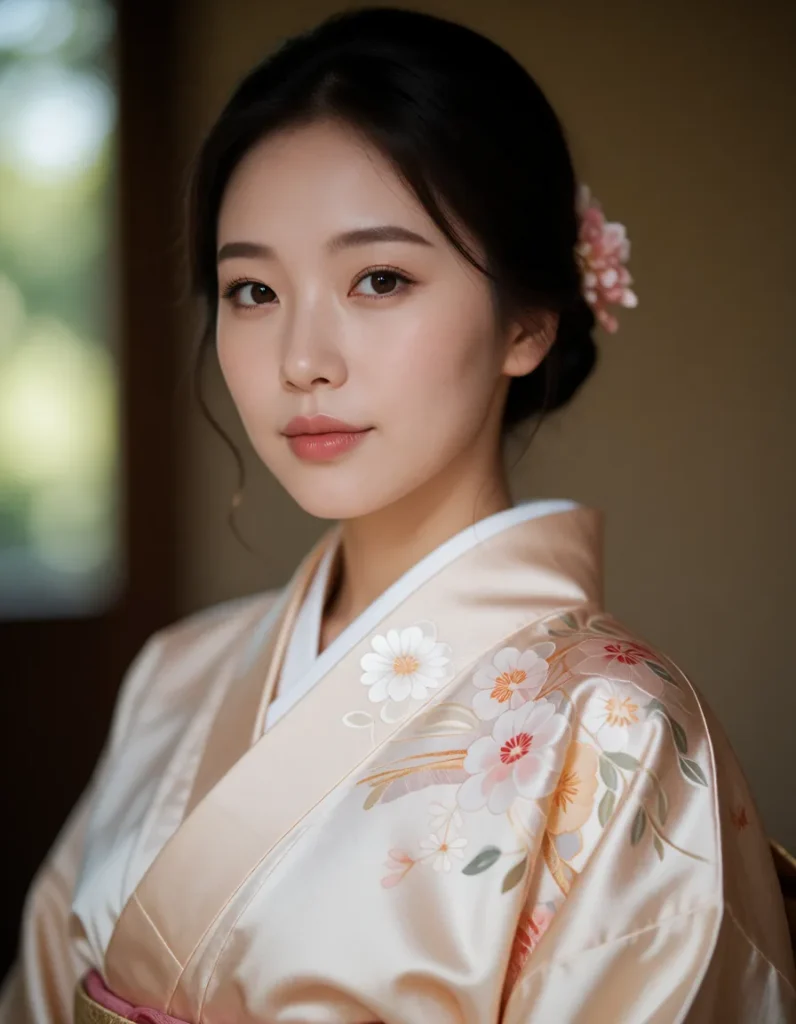 Portrait d'une personne en kimono blanc brodé de motifs floraux roses et dorés, cheveux noirs lissés, fond flou vert pâle