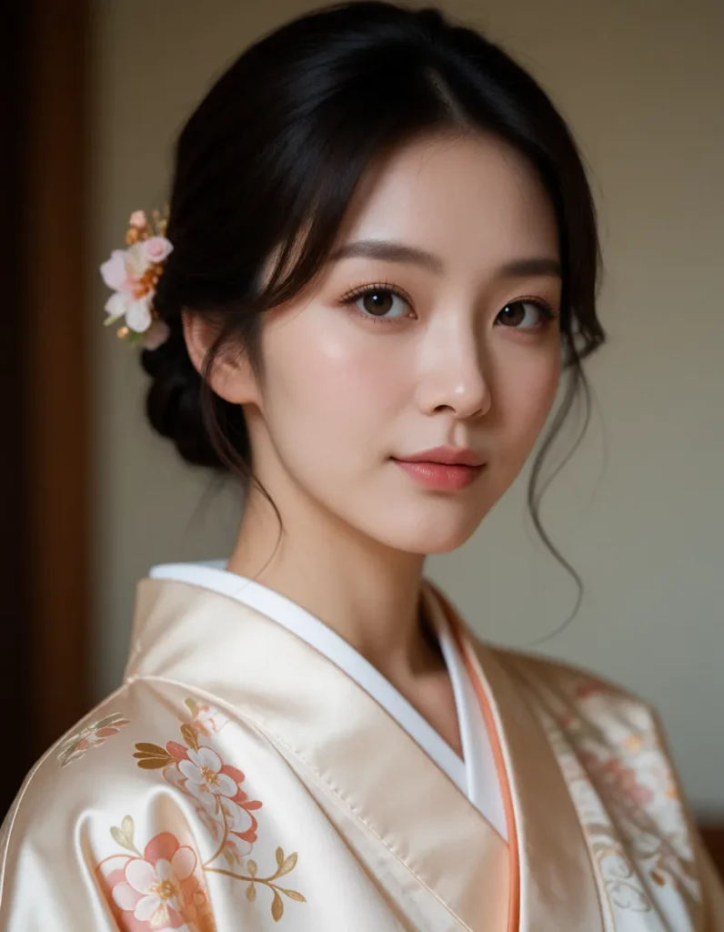 Jeune femme aux cheveux lissés portant un kimono blanc brodé de motifs floraux orange et verts, ceinture en soie beige, fond