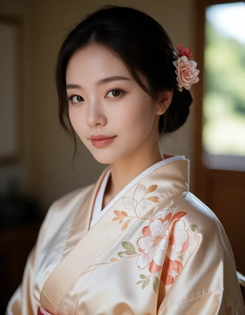 Portrait en gros plan d'une personne en kimono blanc brodé de motifs floraux rouges et verts, coiffée d'un chignon haut orné