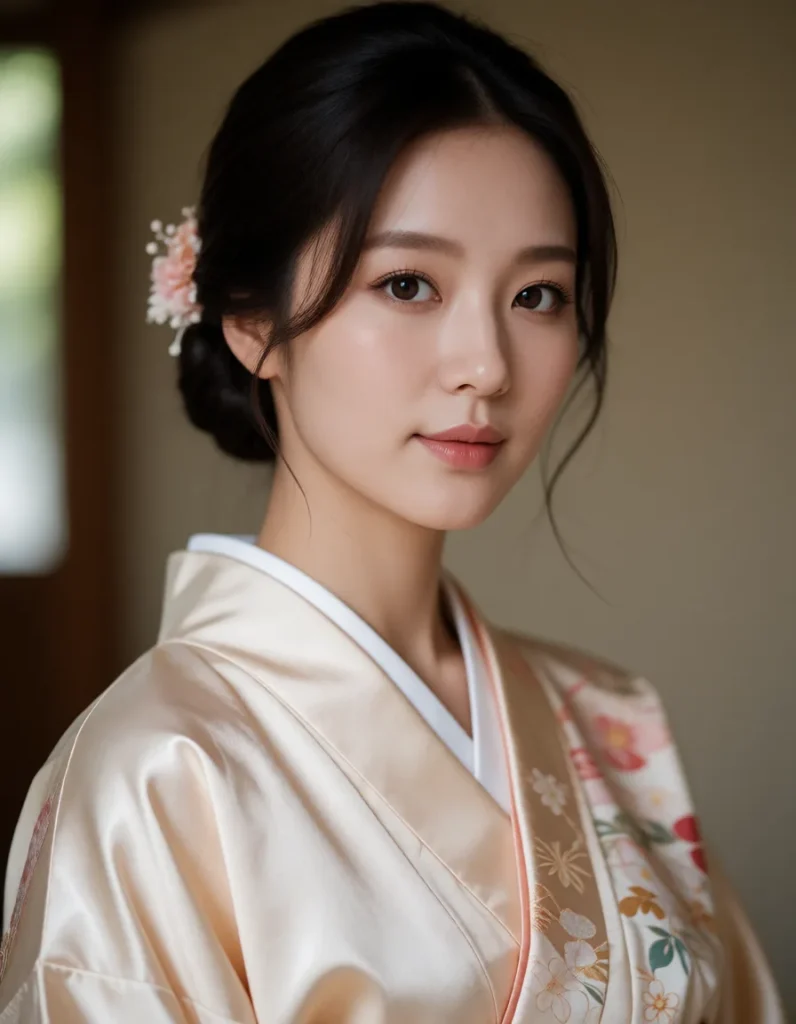 Portrait en gros plan d'un visage féminin aux traits délicats, vêtu d'un kimono en soie blanche brodé de motifs floraux
