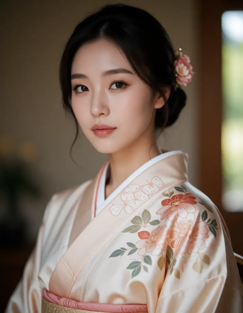 Femme en kimono de soie blanche à motifs floraux rouges et verts, coiffée d'un chignon bas orné d'une épingle à cheveux