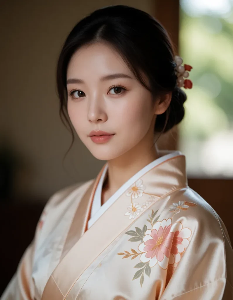 Portrait en gros plan d'une personne vêtue d'un kimono en soie blanche à motifs floraux rouges et or, coiffée d'un chignon