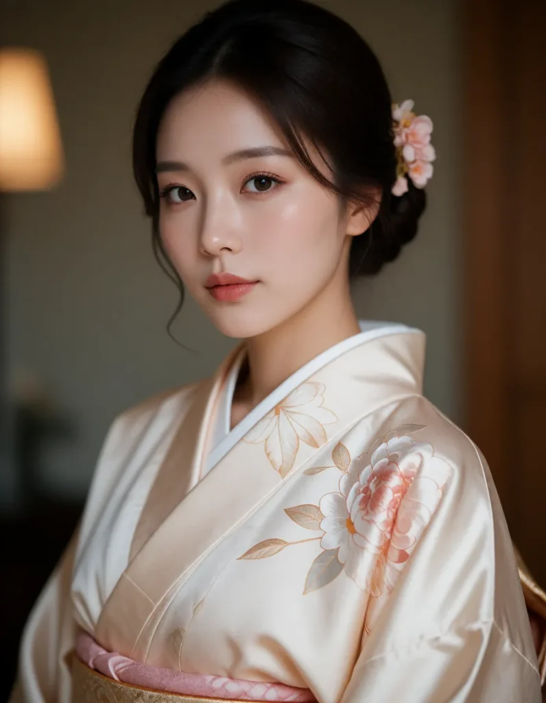 Portrait en gros plan d'une personne en kimono blanc à motifs floraux rouges et verts, coiffée d'un chignon haut, lumière