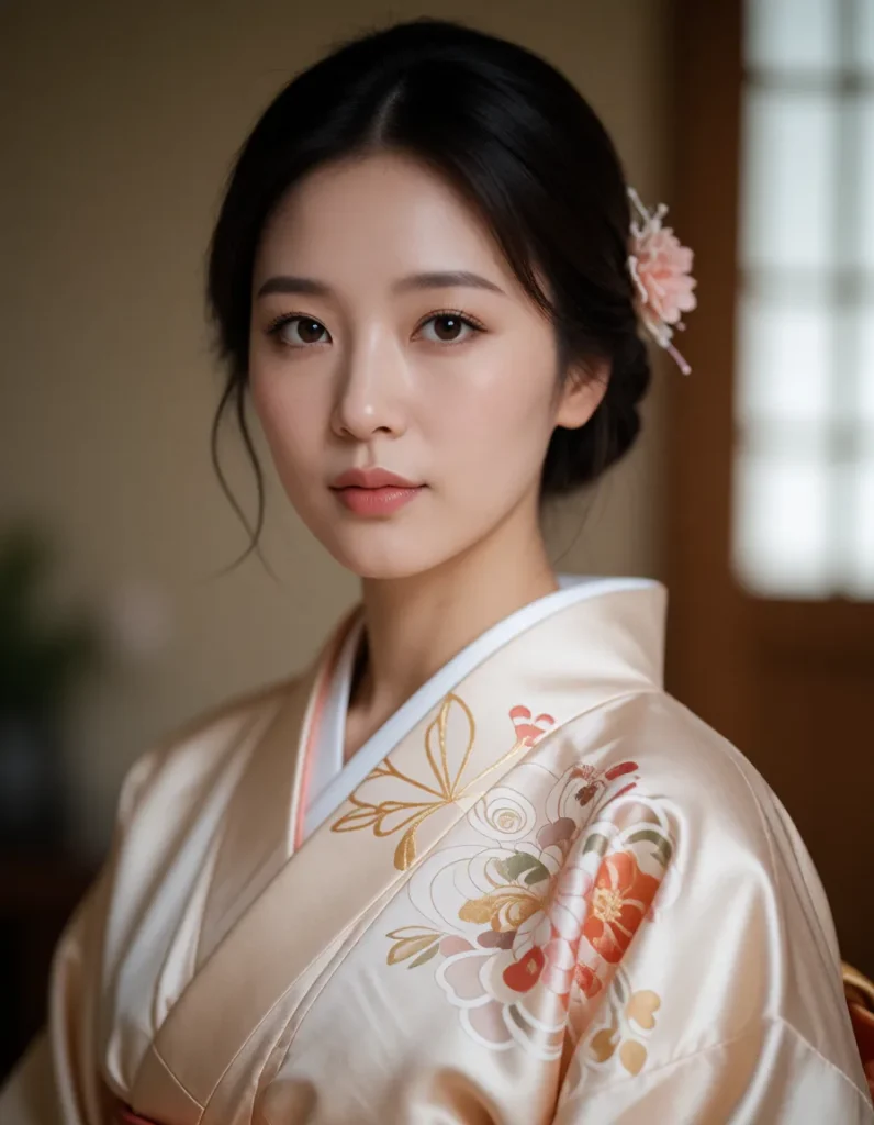 Portrait d'un visage féminin aux cheveux noirs lissés, vêtu d'un kimono blanc brodé de motifs floraux rouges et dorés, fond