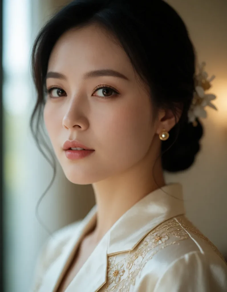 Portrait en gros plan d'une personne aux traits asiatiques, vêtue d'une robe blanche en soie, portant des boucles d'oreilles