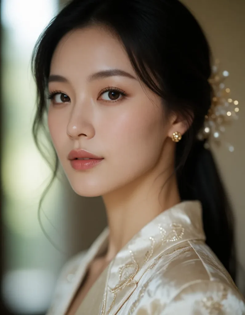 Portrait en gros plan d'une personne aux traits asiatiques, maquillage discret, robe en soie ivoire à motifs brodés dorés