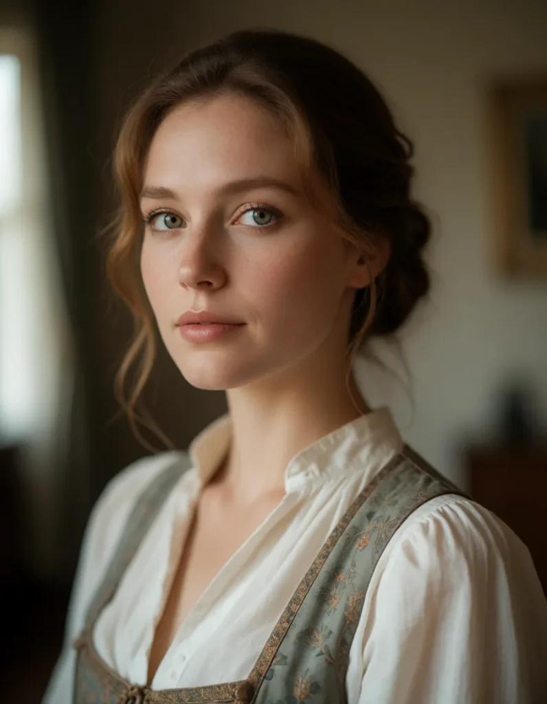 Portrait en lumière douce d'une personne aux cheveux blonds ondulés, vêtue d'une chemise blanche à manches retroussées et