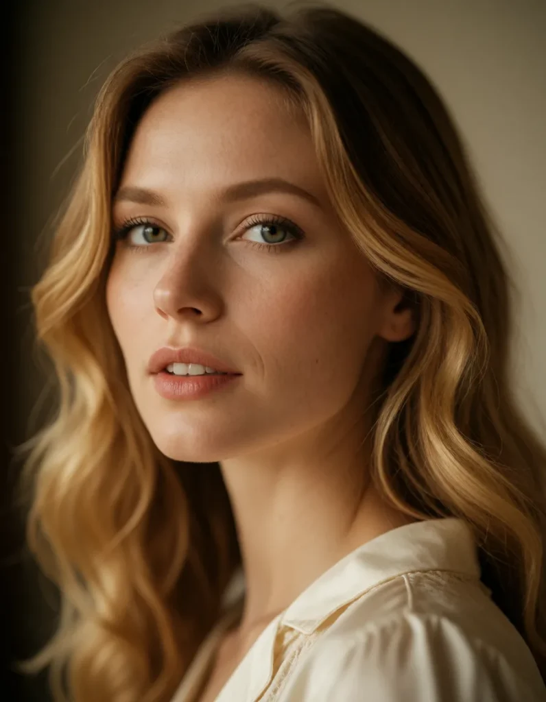 Portrait en gros plan d'une femme aux cheveux blonds ondulés, vêtue d'une robe en soie ivoire, éclairée par une lumière
