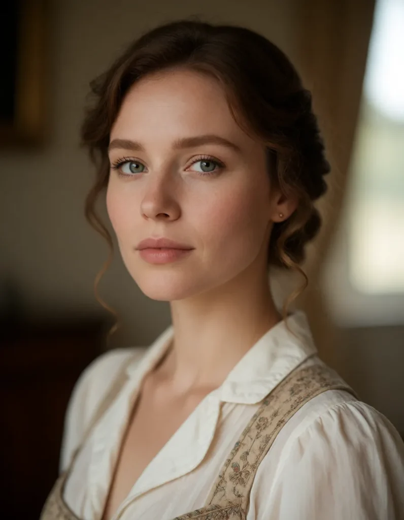 Portrait en gros plan d'une personne aux cheveux bruns ondulés, vêtue d'une blouse blanche à manches longues avec broderies