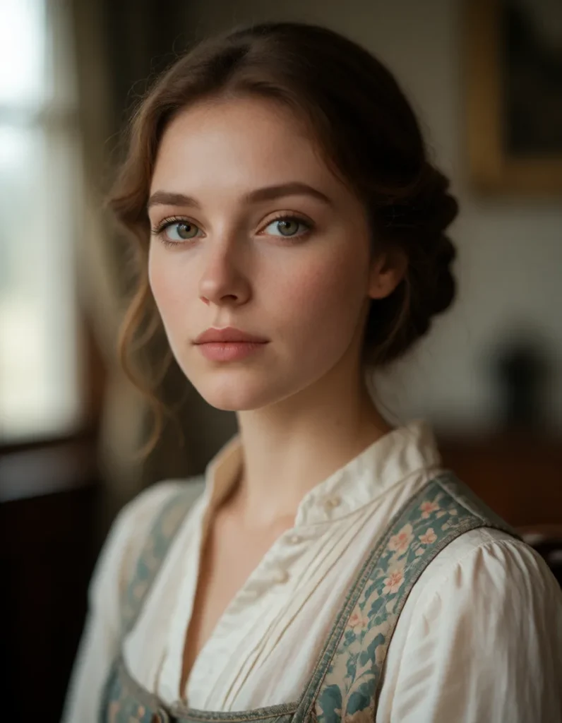Portrait en gros plan d'une personne aux cheveux bouclés, vêtue d'une chemise à motifs floraux en soie blanche, dans une