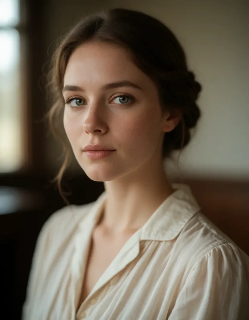Portrait en gros plan d'une personne aux cheveux blonds lissés, vêtue d'une chemise blanche à rayures fines, éclairée par
