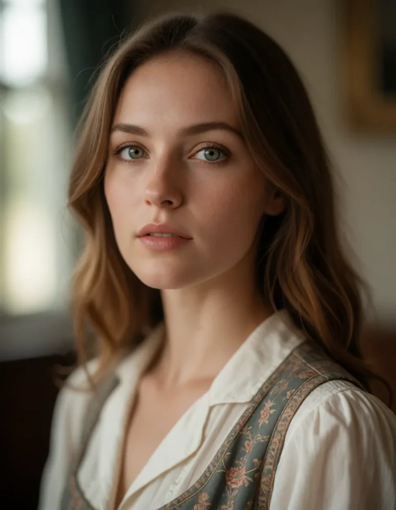 Portrait en gros plan d'une personne aux cheveux blonds mi-longs, vêtue d'une chemise blanche à manches retroussées et d'un