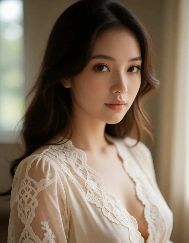 Portrait en gros plan d'une personne aux cheveux bruns lissés, vêtue d'une blouse en dentelle beige à motifs floraux