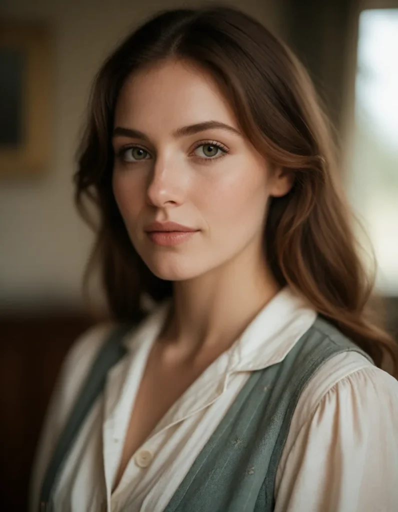 Portrait en gros plan d'une personne aux cheveux bruns lissés, vêtue d'une chemise blanche à col et d'un gilet vert pâle