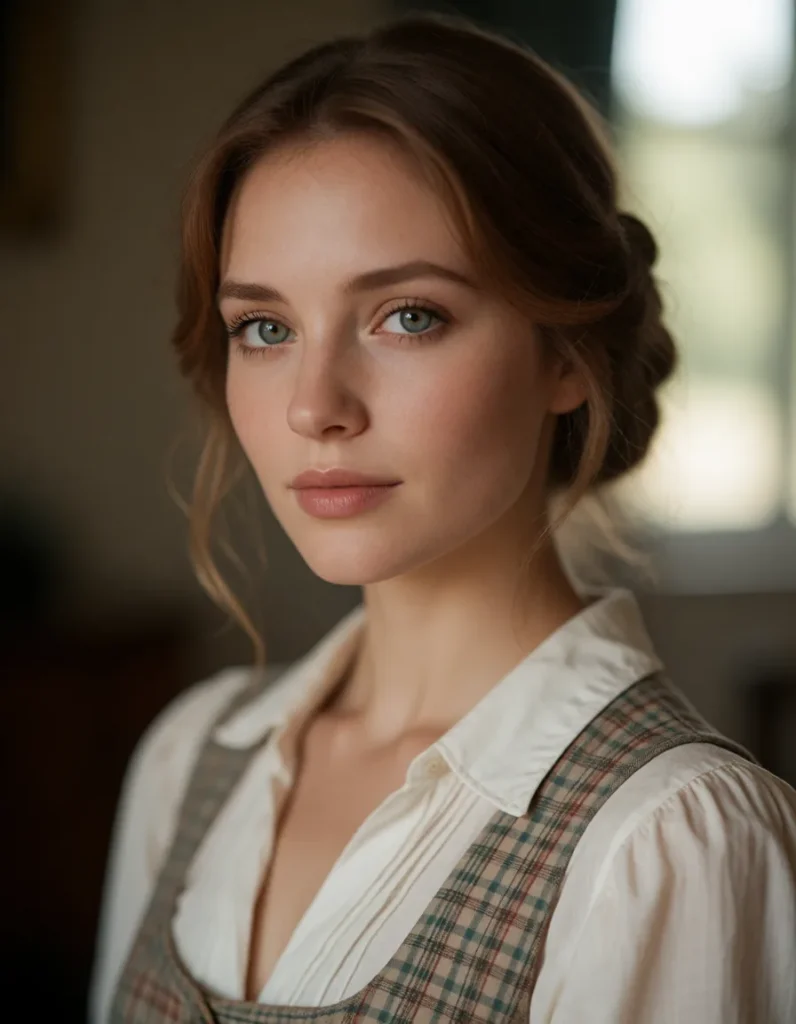 Portrait en gros plan d'une personne aux cheveux bruns ondulés, vêtue d'une chemise à carreaux et d'un gilet blanc, éclairée