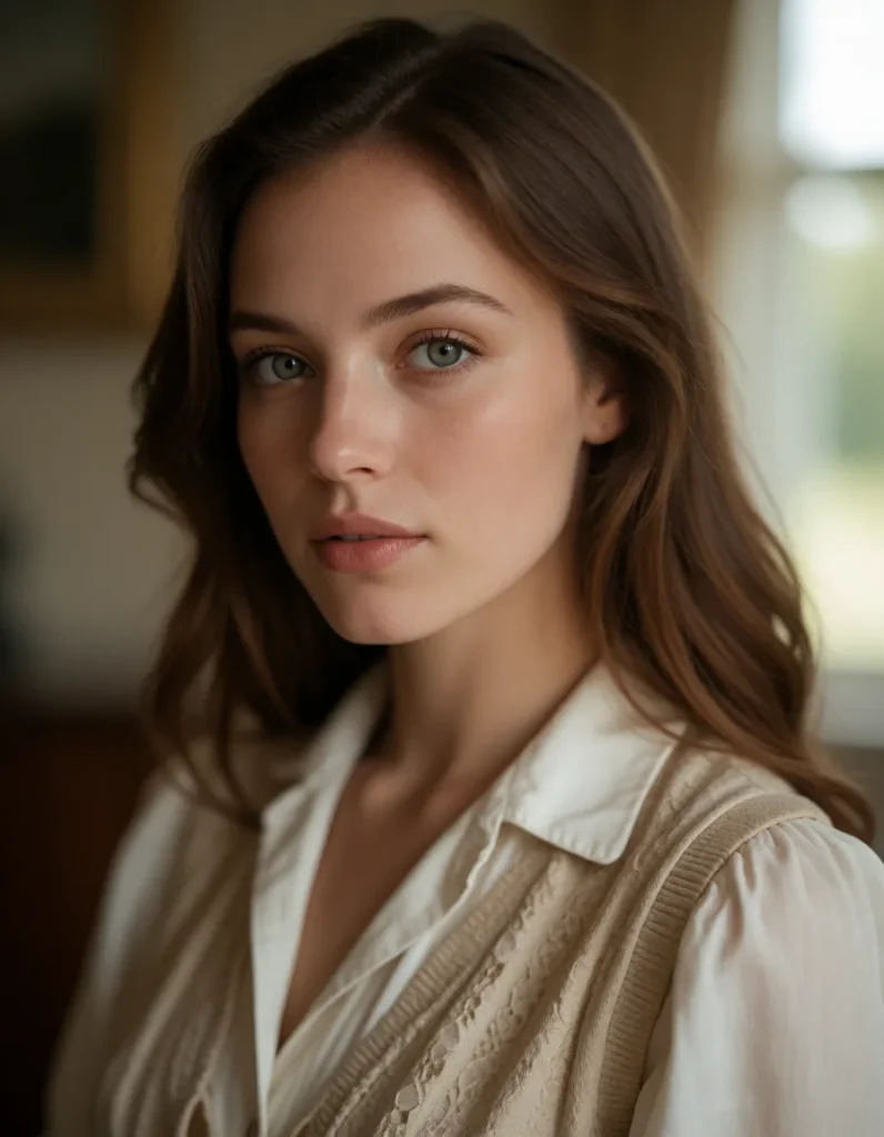 Portrait en gros plan d'une personne aux cheveux bruns ondulés, vêtue d'une chemise à rayures fines blanches et marron
