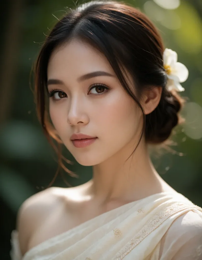 Portrait en gros plan d'une personne aux cheveux longs bruns et lisses, vêtue d'une robe blanche en dentelle, dans un jardin