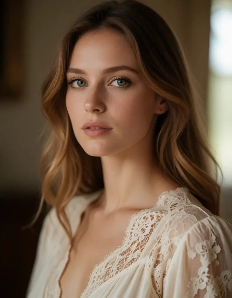 Portrait d'une femme aux cheveux blonds ondulés vêtue d'une robe en dentelle ivoire, lumière douce et fond flou