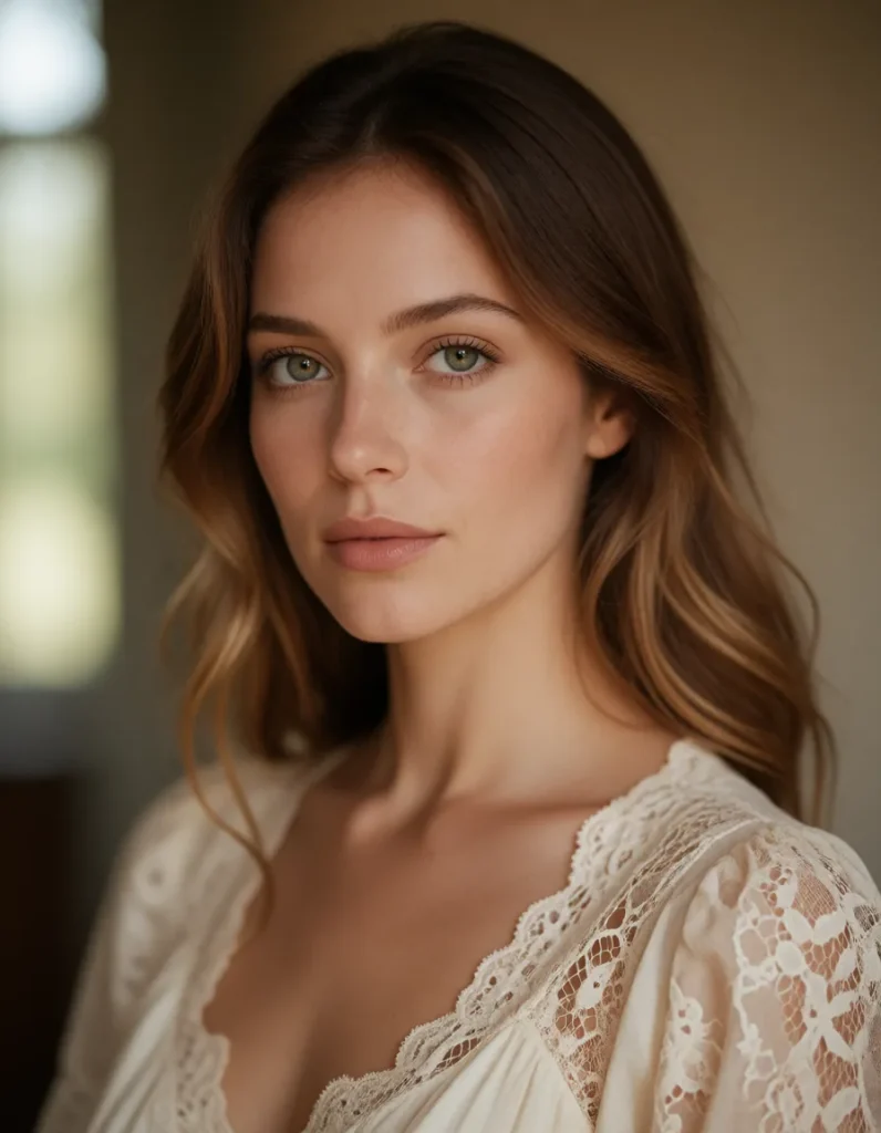 Portrait en gros plan d'un visage féminin aux cheveux blonds ondulés, vêtue d'une robe en dentelle blanche et crème, lumière
