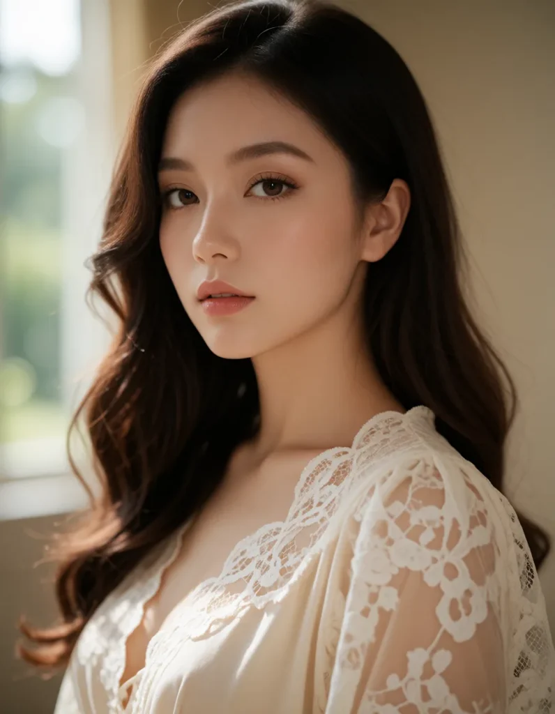 Portrait en gros plan d'une personne aux cheveux bruns ondulés, vêtue d'une robe en dentelle crème à motifs floraux, fond