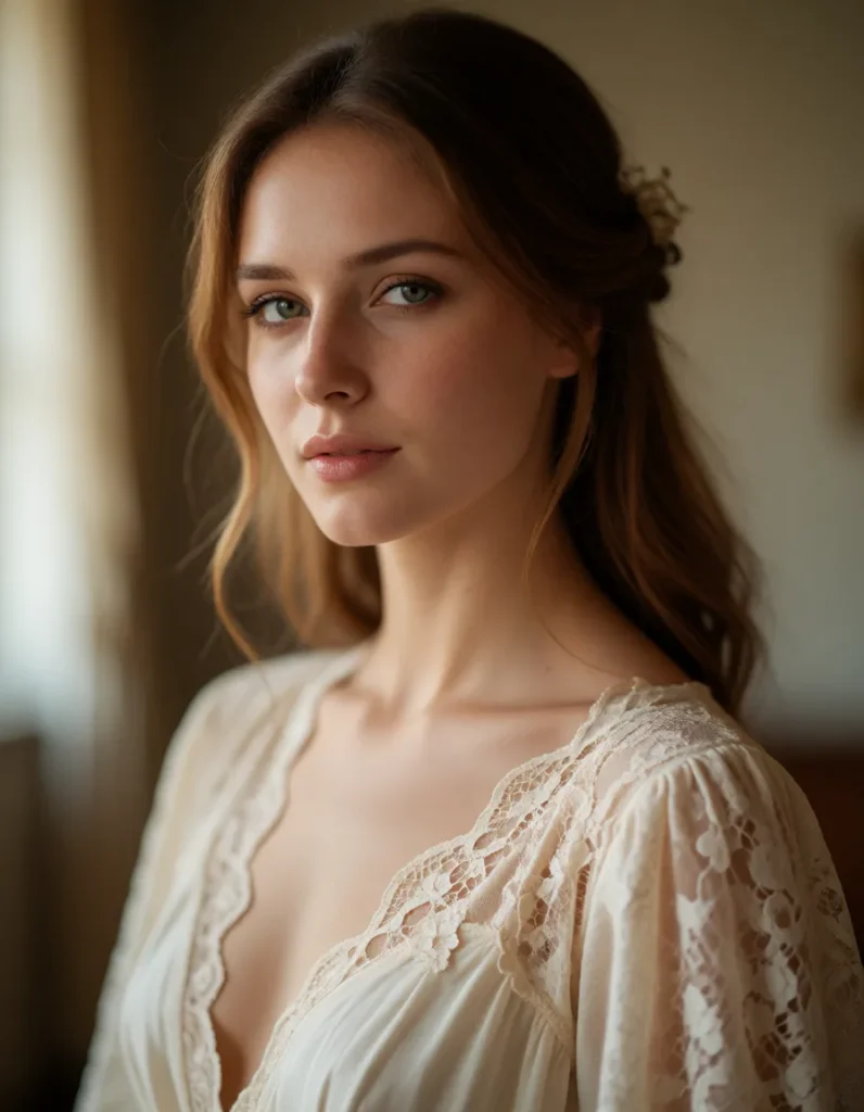 Portrait en noir et blanc d'un visage féminin aux cheveux bruns lâches, vêtue d'une robe en dentelle claire aux motifs