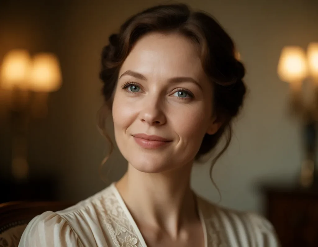 Portrait en lumière dorée d'une femme aux cheveux bruns ondulés, vêtue d'une robe à rayures fines et d'un gilet en dentelle