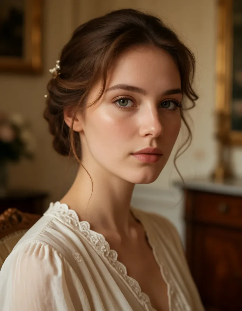 Portrait en noir et blanc d'une femme aux cheveux bruns ondulés, vêtue d'une robe en mousseline claire aux manches