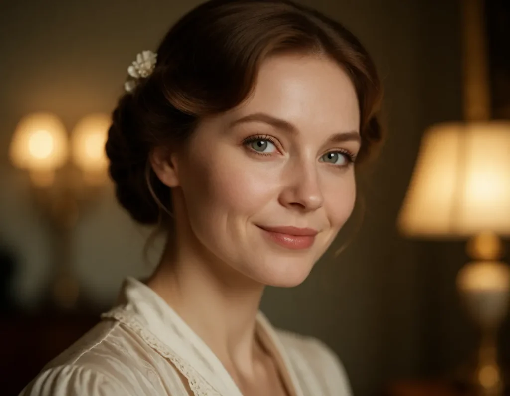 Portrait en lumière chaude d'une femme aux cheveux bruns courts, vêtue d'une robe à rayures verticales crème et marron