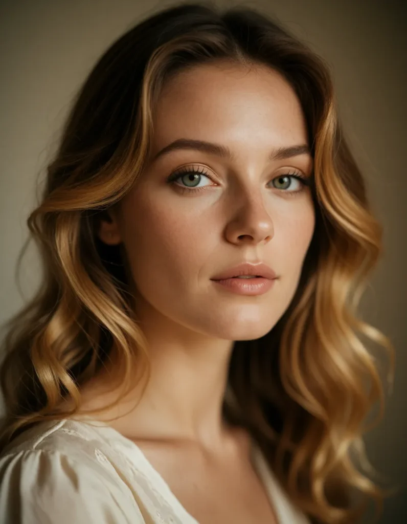 Portrait en gros plan d'un visage féminin aux cheveux blonds ondulés, maquillage naturel et tenue sobre en tissu clair
