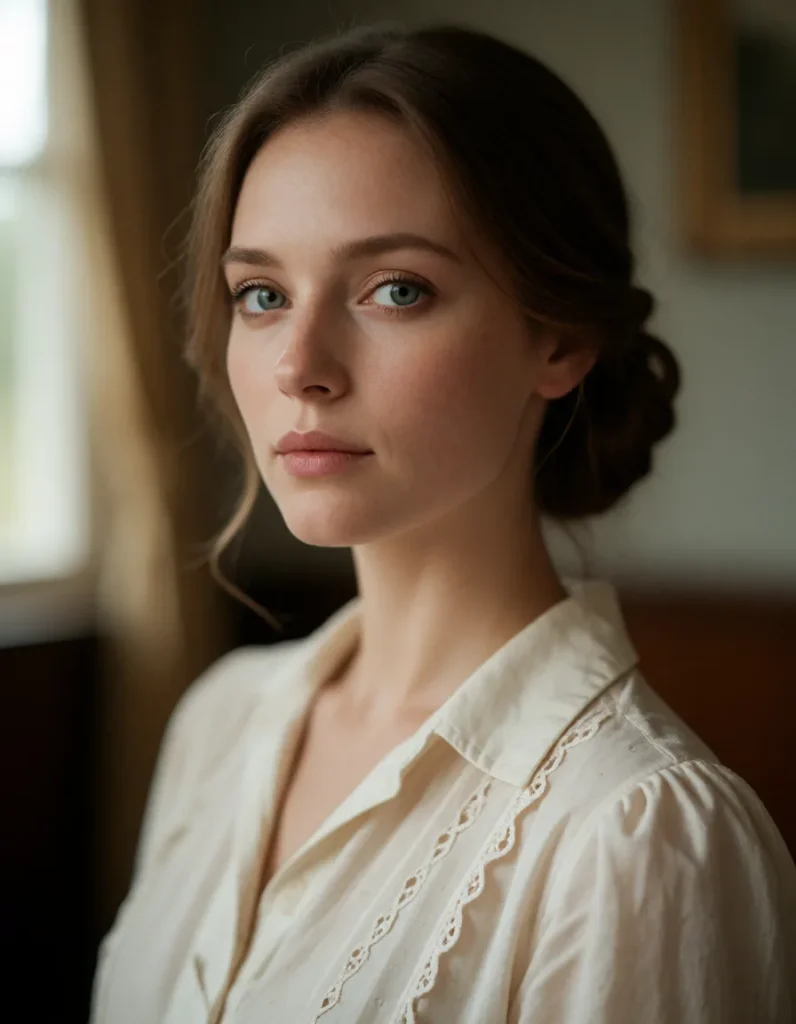 Portrait en noir et blanc d'un visage féminin aux traits délicats, cheveux mi-longs ondulés, portant une veste en lin blanc