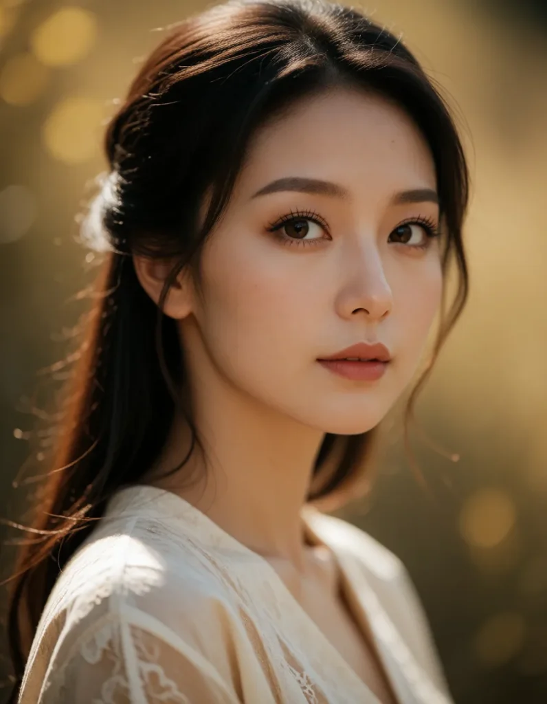 Portrait d'une femme asiatique aux cheveux noirs lissés, vêtue d'une blouse blanche à motifs brodés, dans une lumière douce