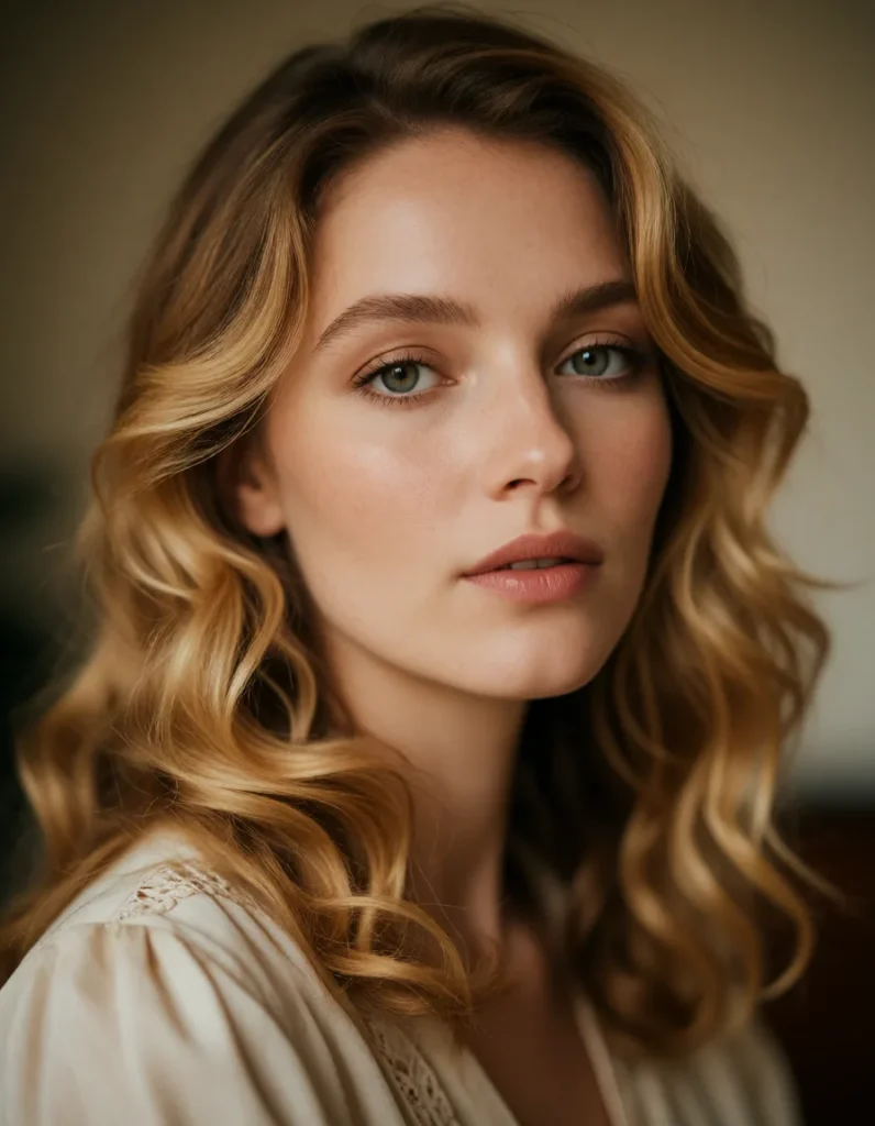 Portrait en noir et blanc d'une jeune femme aux cheveux blonds ondulés, vêtue d'un haut à manches bouffantes en tissu clair