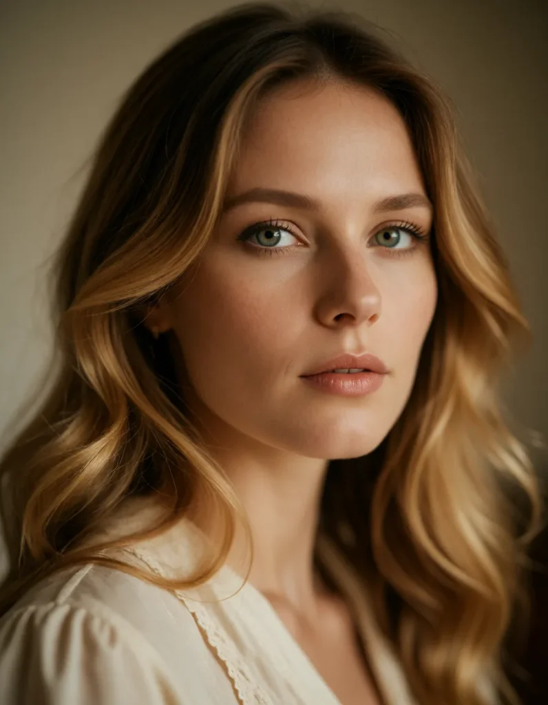 Portrait d'une femme aux cheveux blonds ondulés, vêtue d'une robe blanche à manches longues, éclairée par une lumière dorée