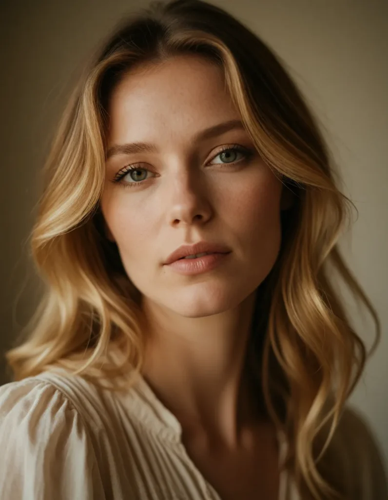Portrait en gros plan d'une femme aux cheveux blonds ondulés, vêtue d'une robe claire à manches longues, éclairée par une