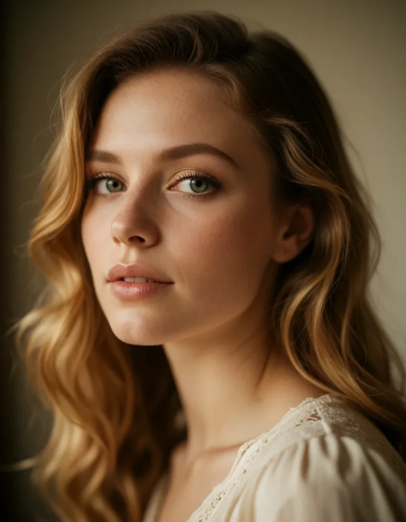 Portrait en gros plan d'une femme aux cheveux blonds ondulés, vêtue d'une robe en dentelle blanche, éclairée par une lumière
